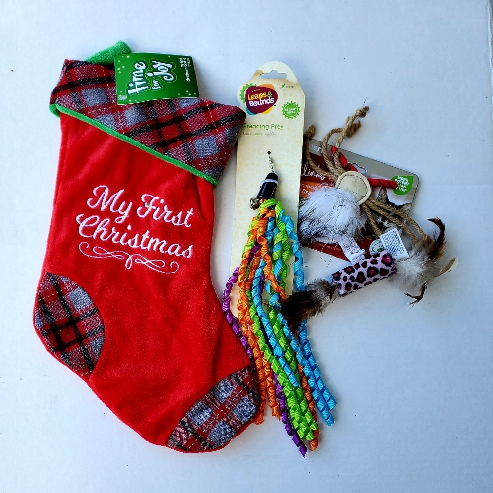 Cat 1st Christmas Holiday Stocking with toys